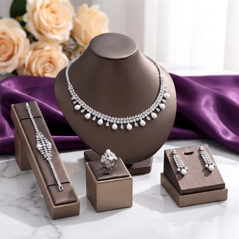 Luxury Cubic Zirconia Nigerian Dubai Bridal Necklace Earring Bracelet Ring 4Pcs Brides Party Wedding Jewelry Set Christmas Gift