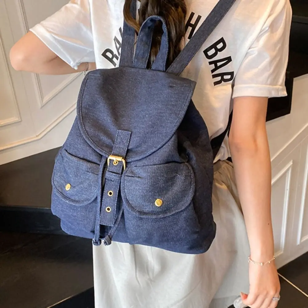 

Korean Style Denim Drawstring Backpack Large Capacity Versatile Oxford Cloth Shoulder Bag Multi-pocket Waterproof