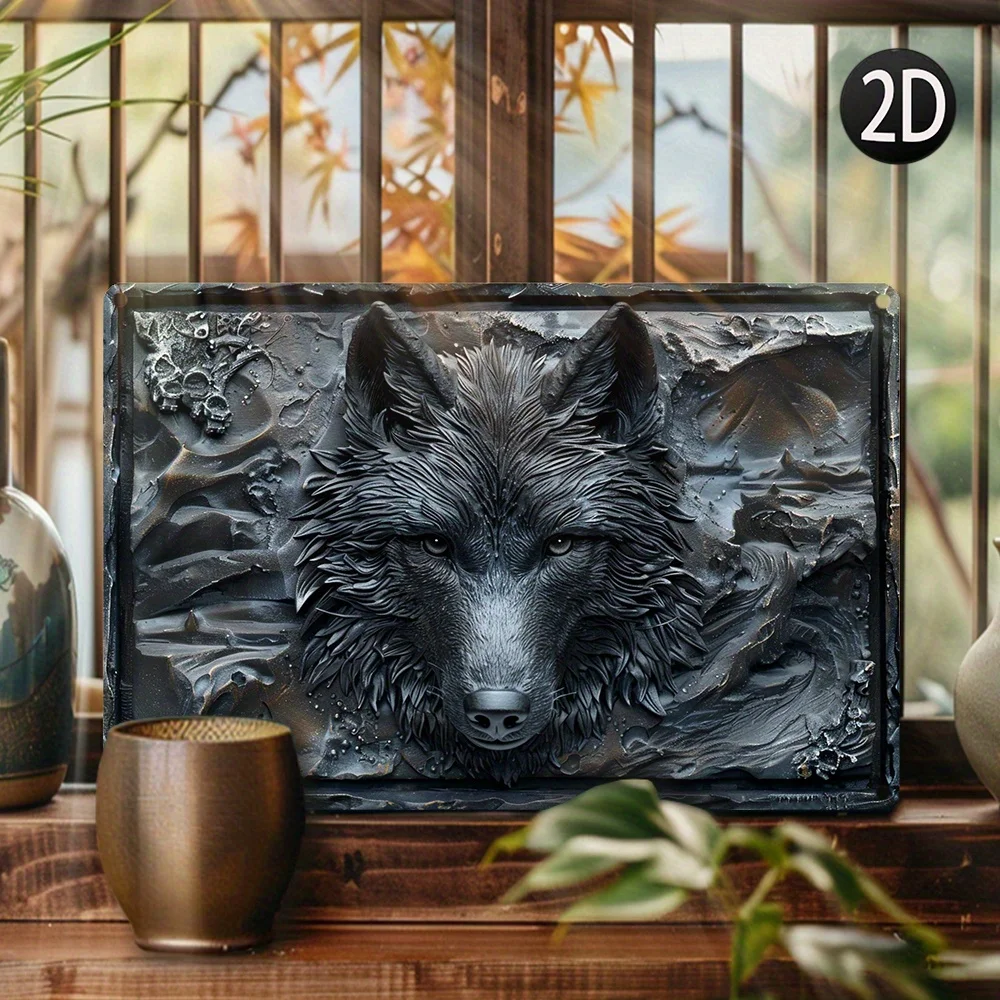 Wolf Embossed Metal Wall Art Sign, Relief Style Decorative Tin Plaque for Home Decor, Rustic Vintage Look Werewolf Theme