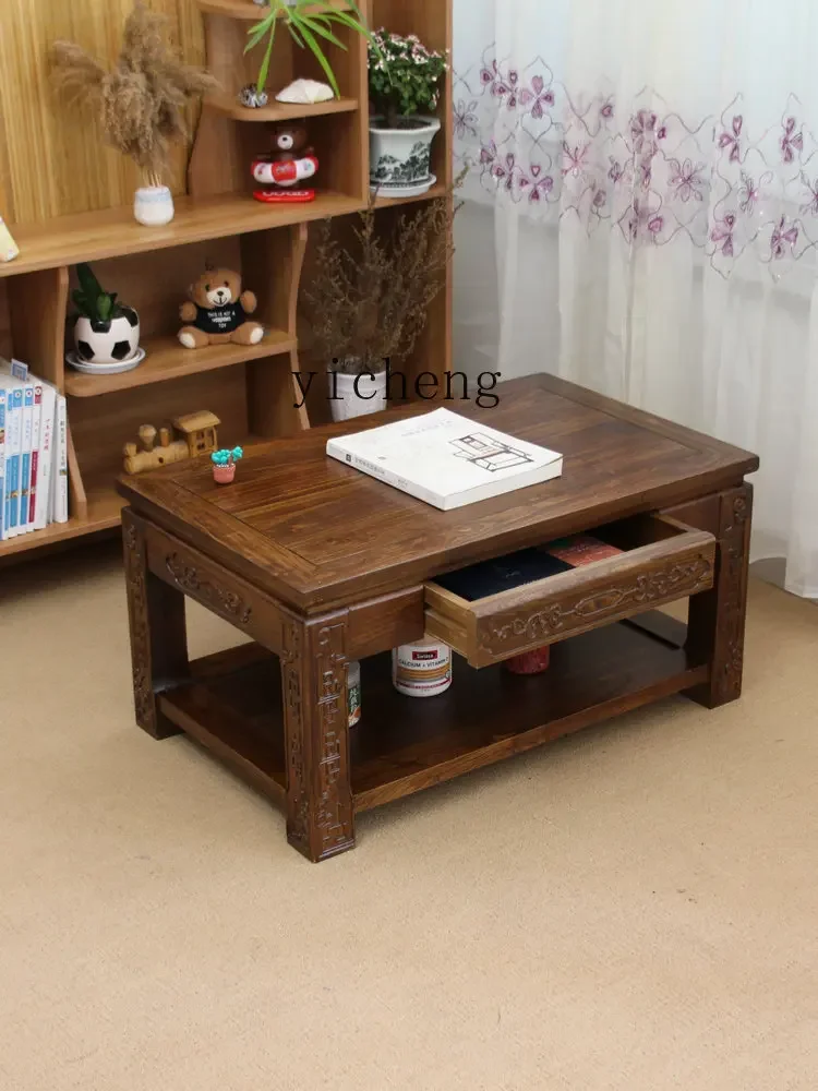 TQH antique tatami solid wood bay window table  old elm tea table living room double storage small table