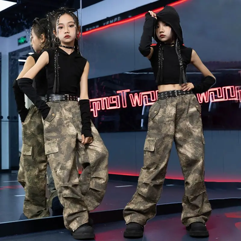 Kid Hip Hop Clothing Black Hoodie Crop Tank Top with Sleeves Camouflage Casual Cargo Pants for Girl Jazz Dance Costumes Clothes