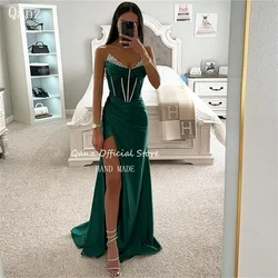 Qanz verde smeraldo lusso elegante sirena abiti da sera 2024 cristallo alta fessura Vestidos De Gala raso Backless lungo abito da festa