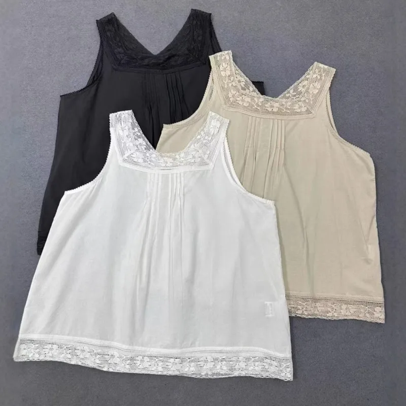 Johnature Spring Summer New Thin Cotton Embroidered Lace Mori Women Japanese Sleeveless Tops Loose Inner Layer Undershirt Tops