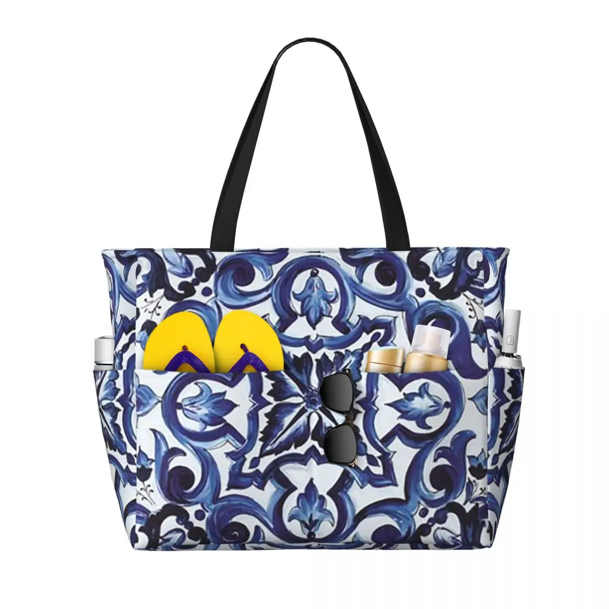 Blue Ornate Floral Mediterranean Sicilian Tile Beach Tote Bag Sport Gym Yoga Duffle Large Tote Bag Women Travel Bag Fitness bag