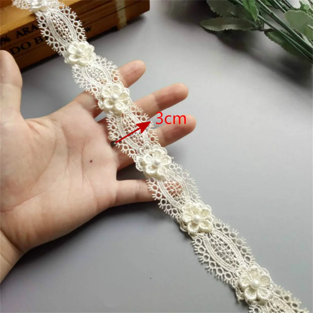 

2 yards Ivory Embroidered Fabric Soluble Polyester Pearl Flower Lace Trim Ribbon DIY Sewing Craft For Costume Hat Decoration