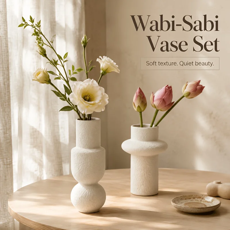 2Pcs Frosted Off White Concave Display Vase Set, 3D Printed PLA Wabi Sabi Window Decor