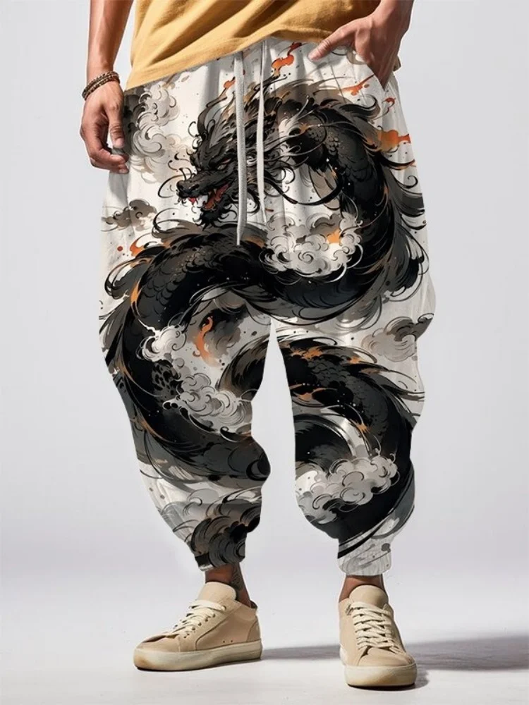 

Men's Dragon Ink Art Print Loose Drawstring Waist Sweatpants Fashion Autumn Harem Carrot Pants Oversized Sports Bottoms