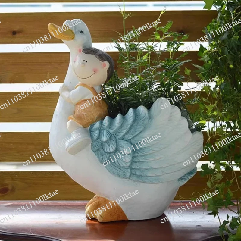 Creative Cartoon Flower Pot Girl Riding Goose Plant Containers Outdoor Balcony Bonsai Basin Garden Landing Animal Decoration
