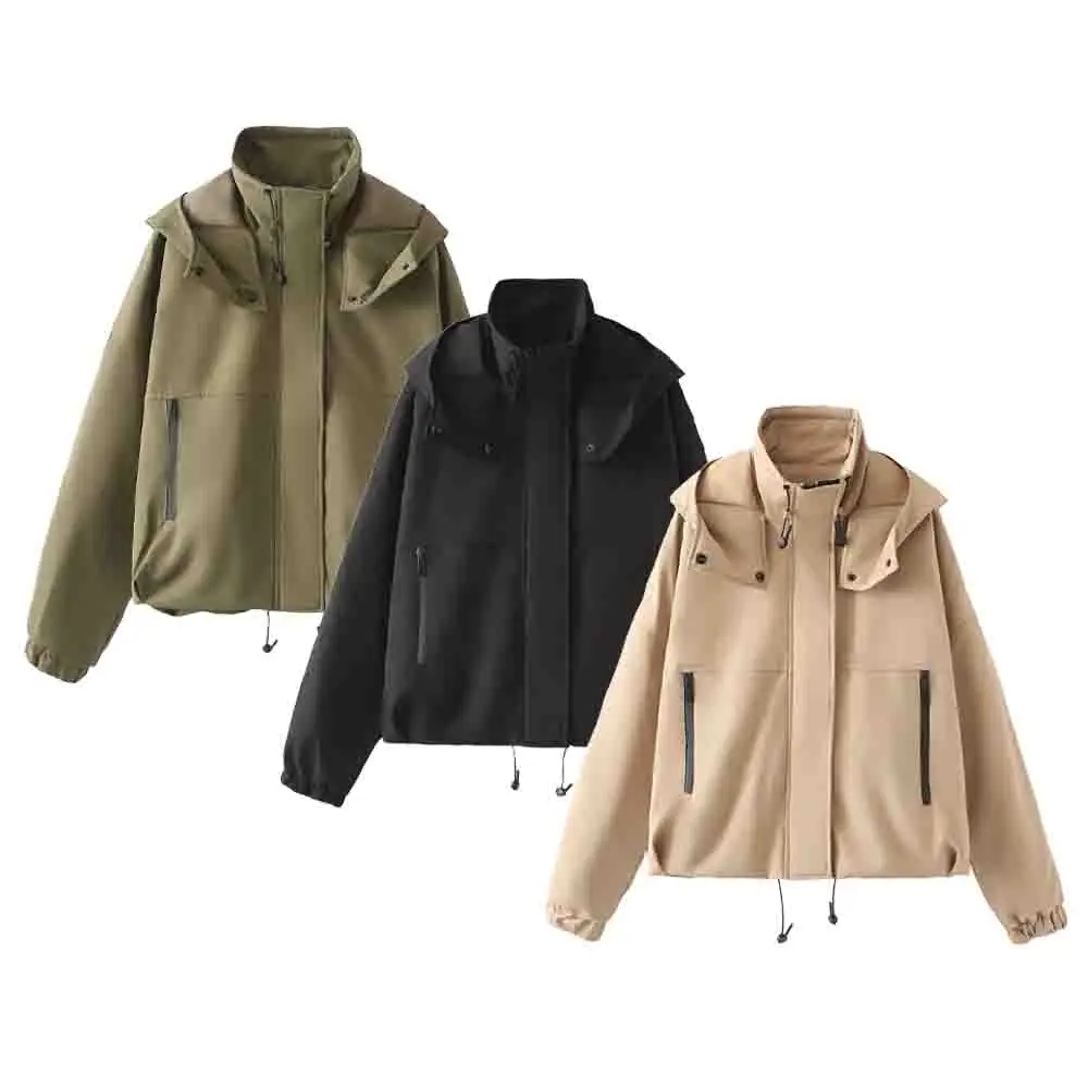 

PB&ZA2024 Autumn New Product Casual Women's Fashion Versatile Slim Fit Standing Neck Hooded Short Jacket Coat
