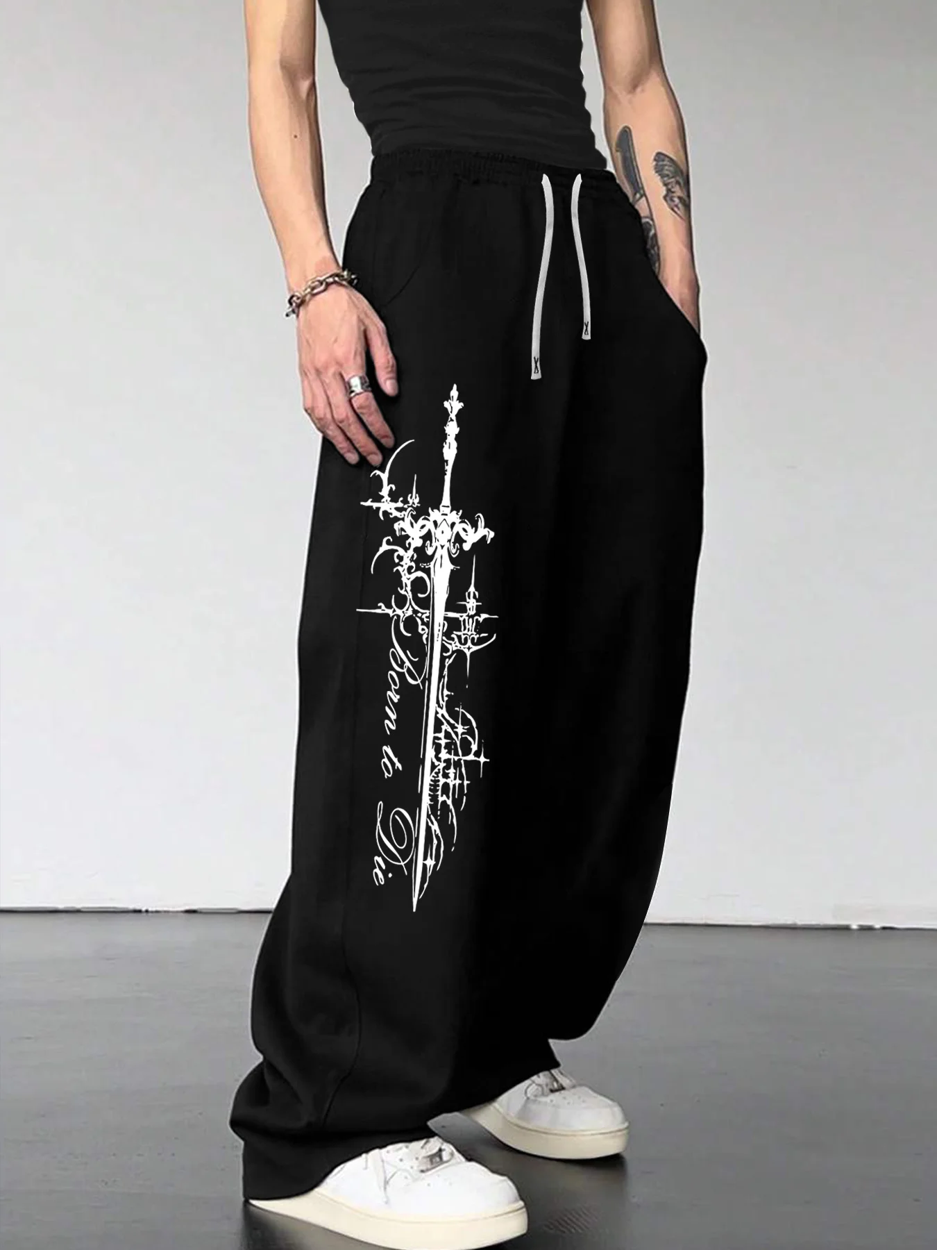 Men Gothic Dark Sword Letter Print Straight Leg Pants Oversize Soft Drawstring Casual Streetwear Sports Trousers S-3XL