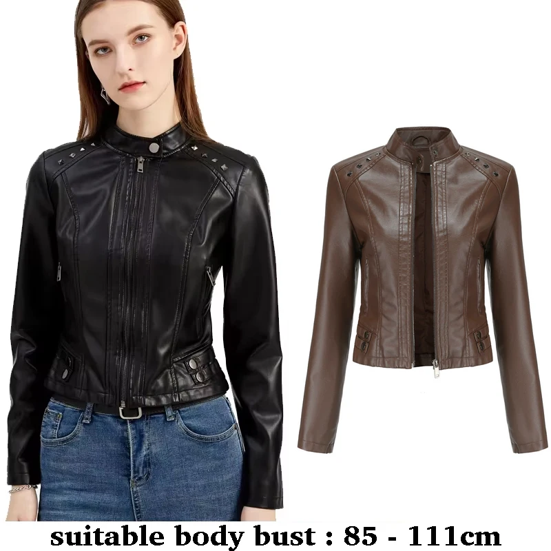 

high quality short leather jacket for women slim motorcycle jacket new 2025 autumn winter elegant clothing black brown