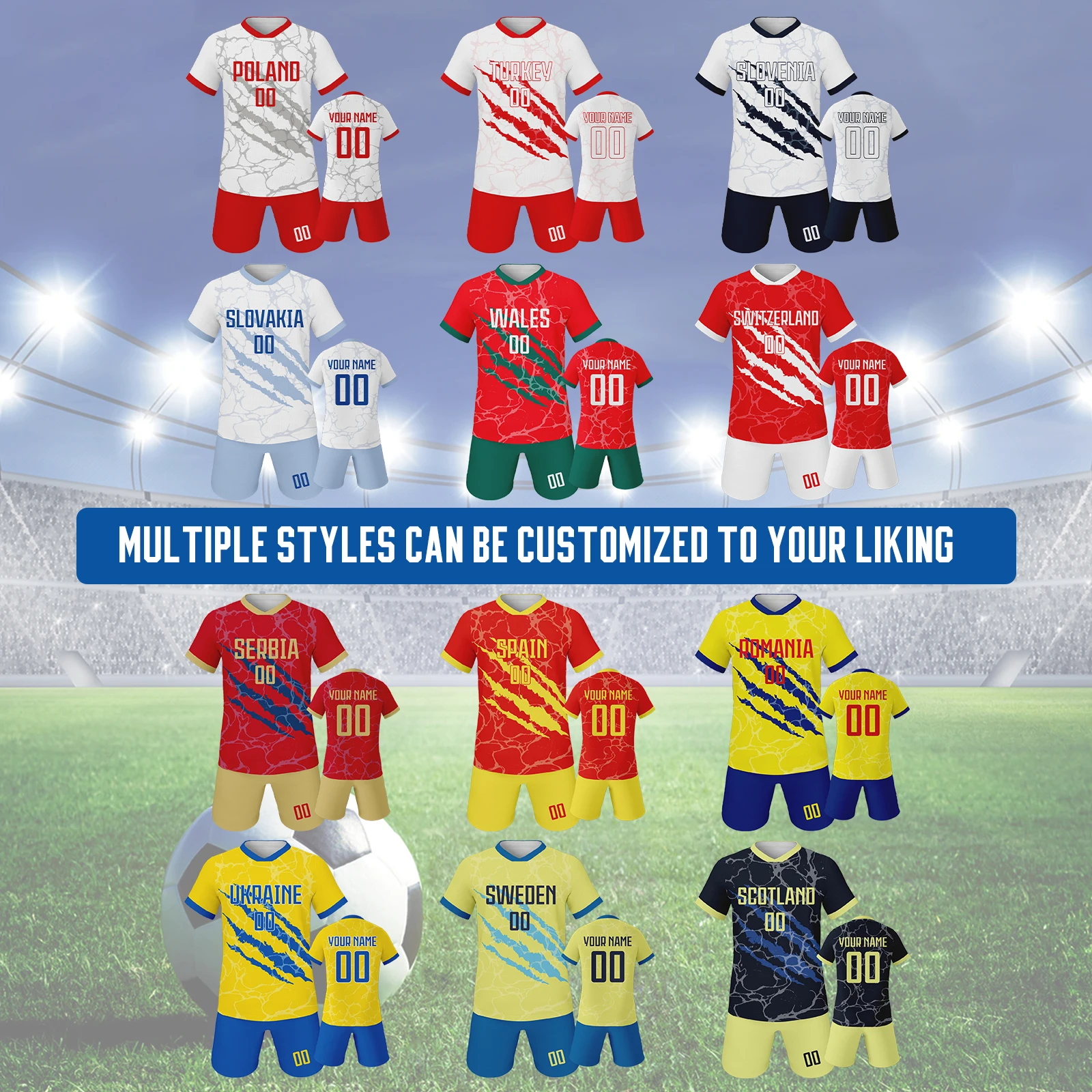 Custom Kids Soccer Jersey Set Spain Scotland Turkey Romania Personalized Football Kit with Name Number Soccer Team Uniform