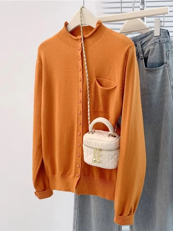 

Большие размеры Тыква Оранжевый Высокий Не Свободный Повседневный Женский Трикотаж Осень Зима Внутренняя Одежда Базовый Слой f Свитер с Высоким Воротником