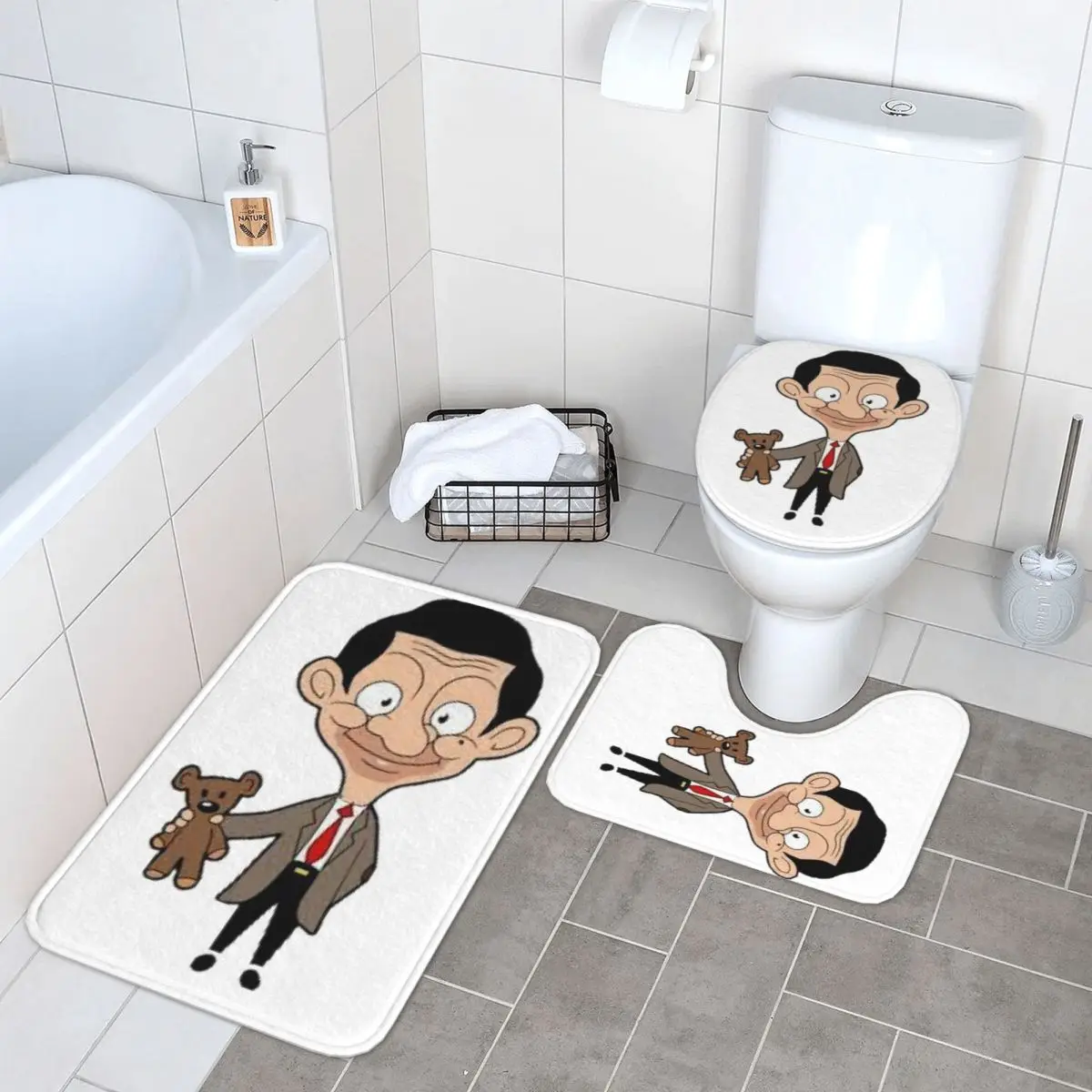 

Mr Bean мультфильм 3-х предметный коврик для ванной комнаты набор для ванной комнаты крышка унитаза домашний декор нескользящий ковер напольный коврик