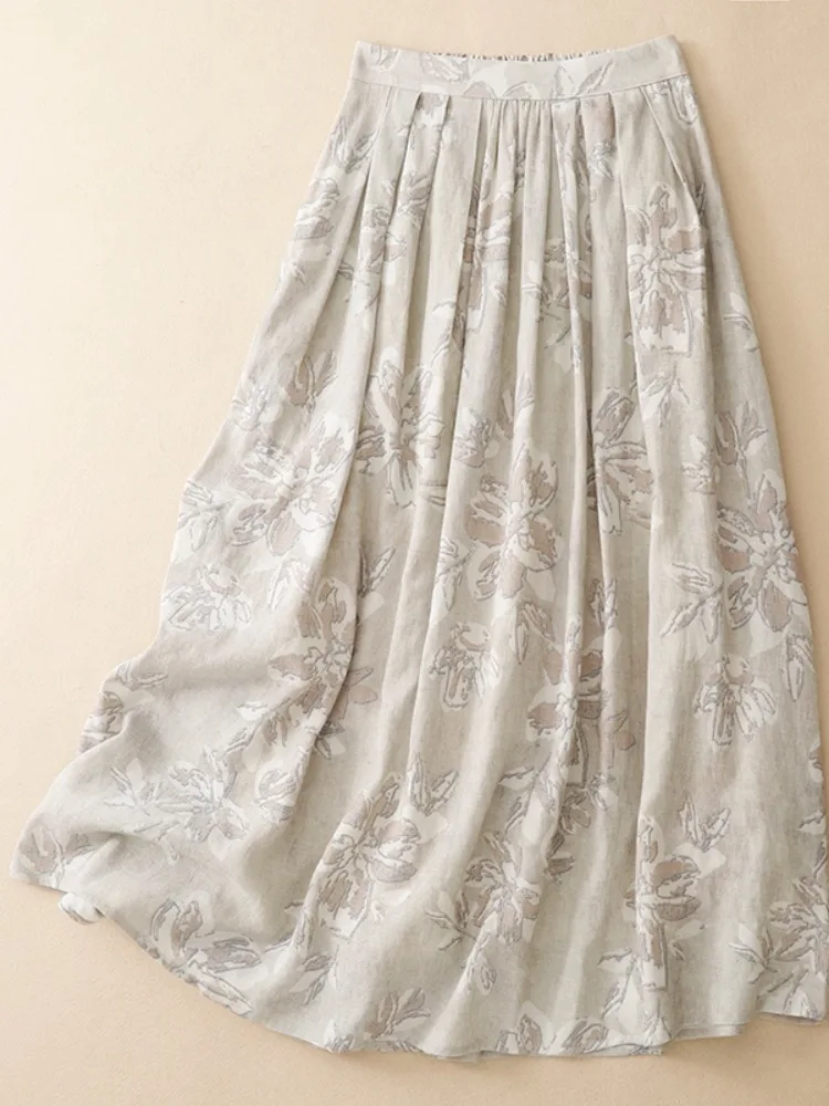 

Romantic Print Atmosphere Cotton Linen Half Skirt Women's Summer Elastic Waist Slimming Draping Midi A-Line Skirt