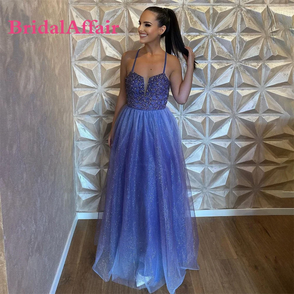 

BridalAffair Glitter Blue Prom Dresses Shiny Bead Spaghetti Straps Backless A-Line Formal Evening Dress Arabia Dubai Party Gowns