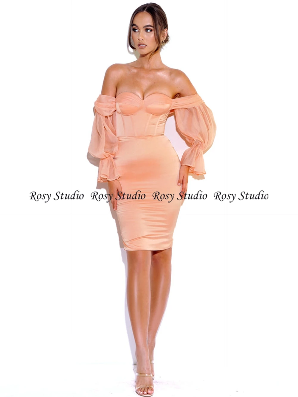 Peach Pink Short Cocktail Party Dresses with Sleeves Off Shoulder Sheath Mini Party Gown Homecoming Wear Vestido de Festa