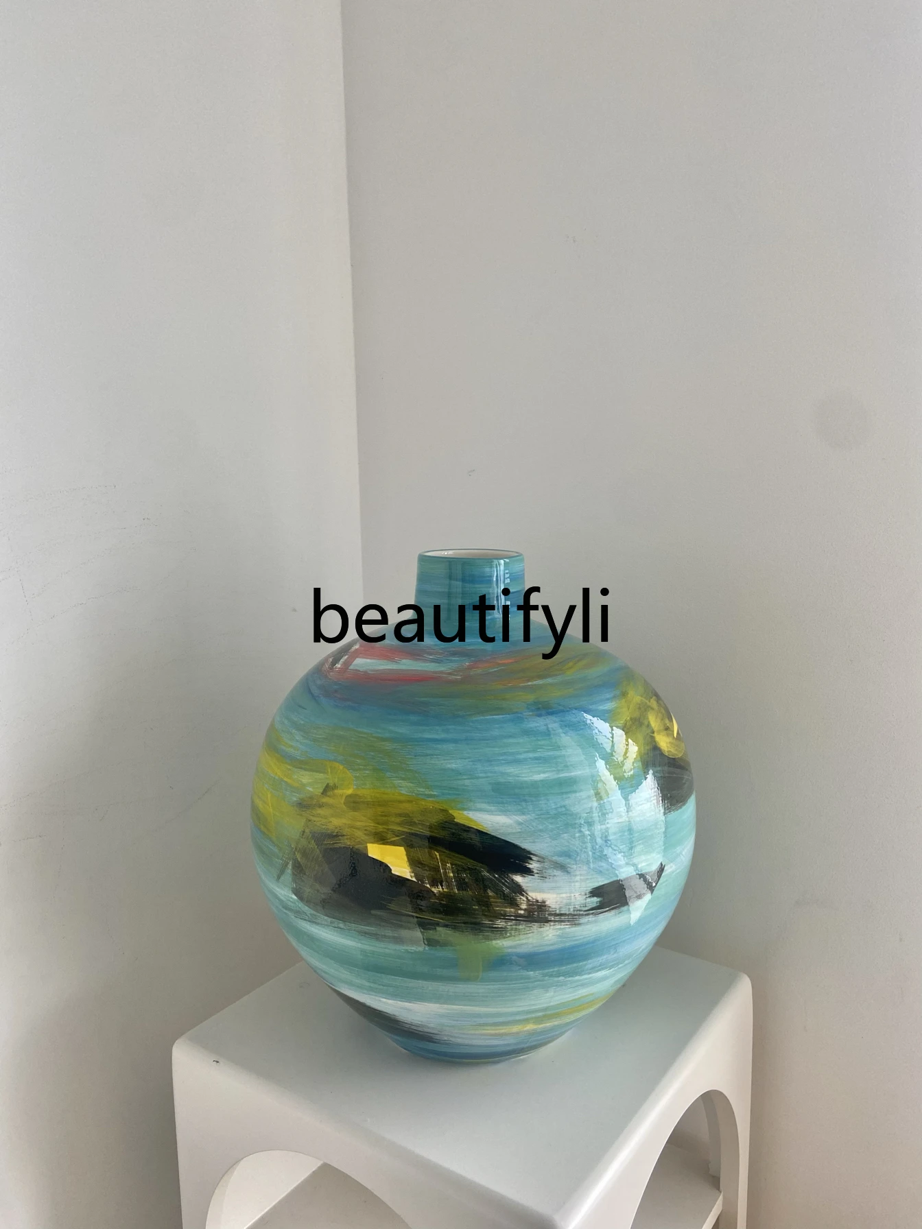 Hand painted graffiti ceramic large vase blue-green