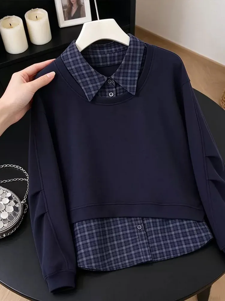 plus Size Casual Style Shirt Collar Long Sleeve Sweater Women's Plaid Fake Two-Piece Sweatshirt Autumn New Arrival Slimming E...