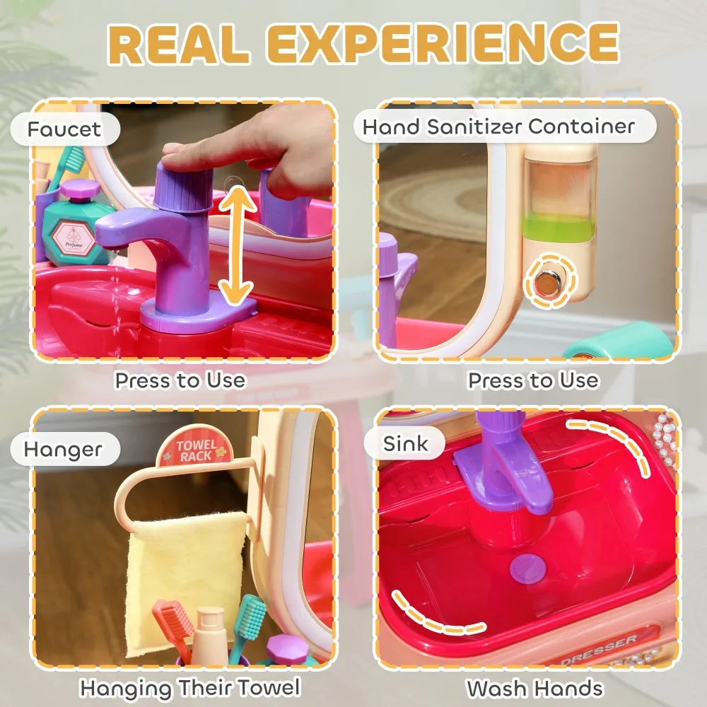 Ensemble de vanité pour enfants, Table de maquillage pour tout-petits avec robinet, miroir, lumière LED, musique, 23 accessoires, ensemble de jeu de simulation