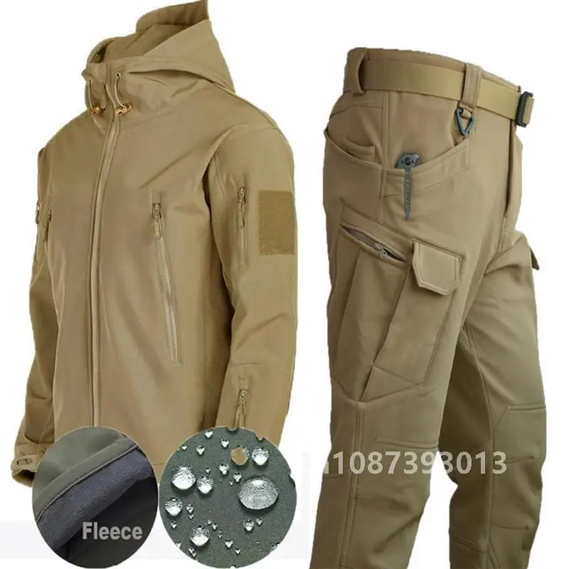 Winter Autumn Tactical Jackets Elastic Men Fleece Waterproof Suits Fishing Warm Hiking Camping Tracksuits Set Hood Coat S-5XL