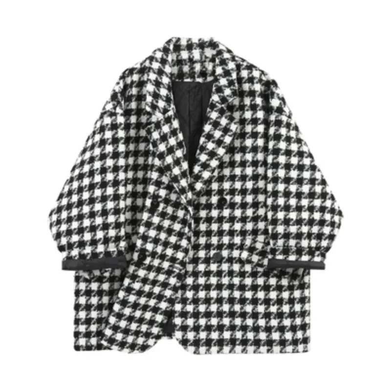 Women Retro Office Lady Plaid Notched Collar Long Sleeve Blazers 2023 Autumn Winter Vintage Casual Loose ELegant Tailored Coat