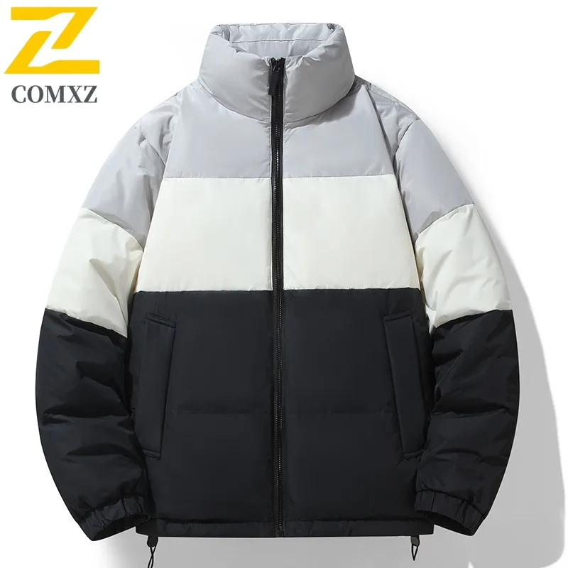 COMXZ Warm Down Jacket Stand Collar Color Block Handsome Camping Quilted Jacket 2025 Lightweight Streetwear Men's Winter Jacket