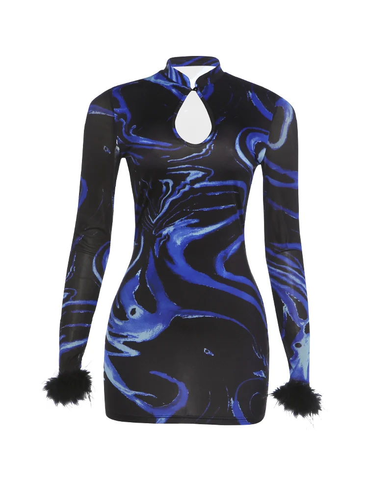 Weird Puss Sexy durchsichtiges Kleid für Damen, Stehkragen, hohles Plüsch-Patchwork, volle Ärmel, Midnight Club Party, modisches Mini-Bodycon – Detail 2