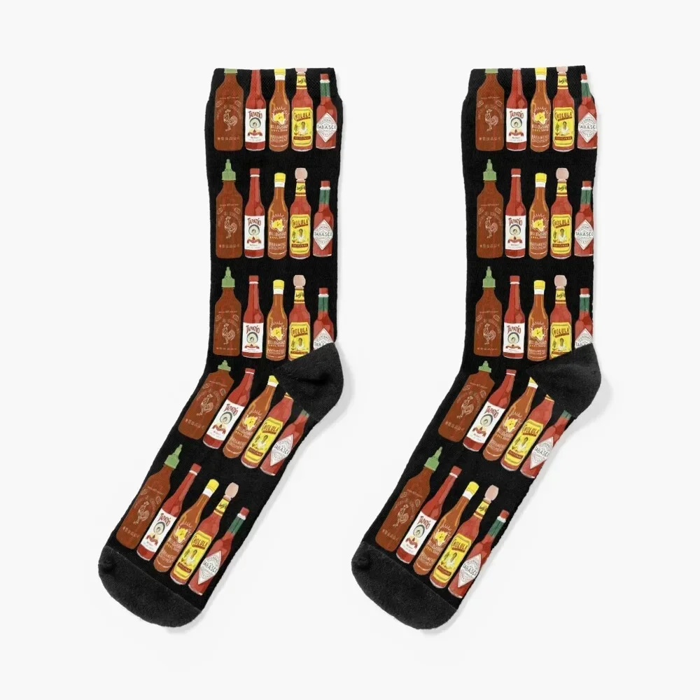 Spicy! Check out these hot sauces on black background Socks Toe sports Stockings Men Socks Luxury Brand Women's