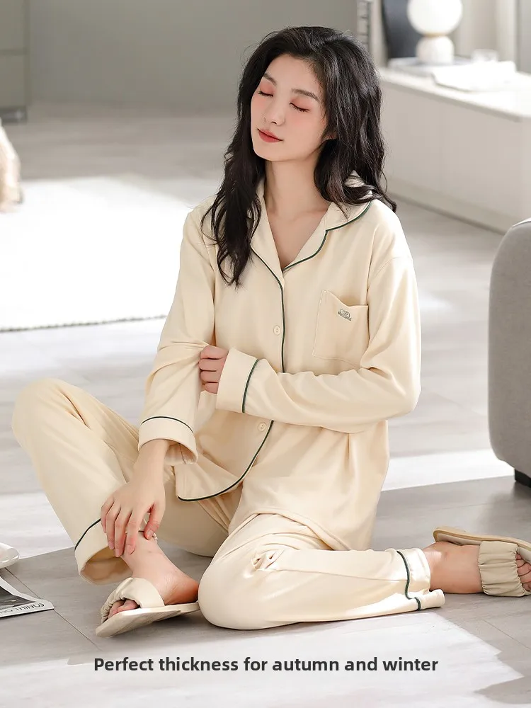 Double-Sided Velvet Sleepwear Long Sleeve Pants Thin Design for Women Spring Autumn Home Clothes Comfortable Polyester Fabric