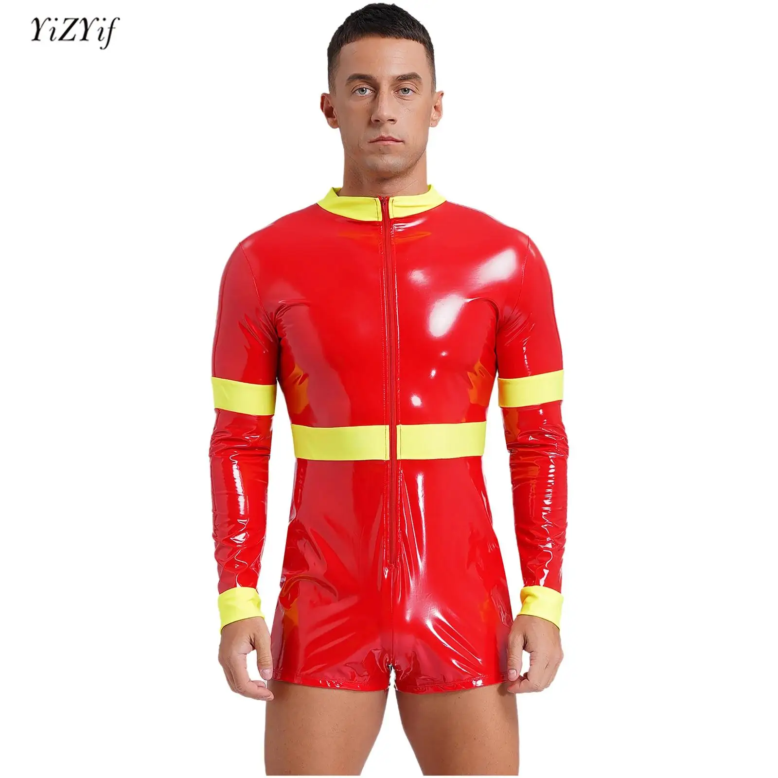 

Mens Firefighter Sexy Lingerie Patent Leather Jumpsuit Long Sleeve Zipper Boyshorts Bodysuit Rompers Halloween Cosplay Costume