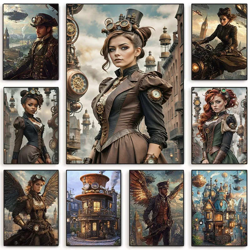 Steampunk Victorian Woman Architecture Canvas Wall Art Retro-Futurism Sci-Fi Poster Industrial Gear Clockwork Gothic Home Decor