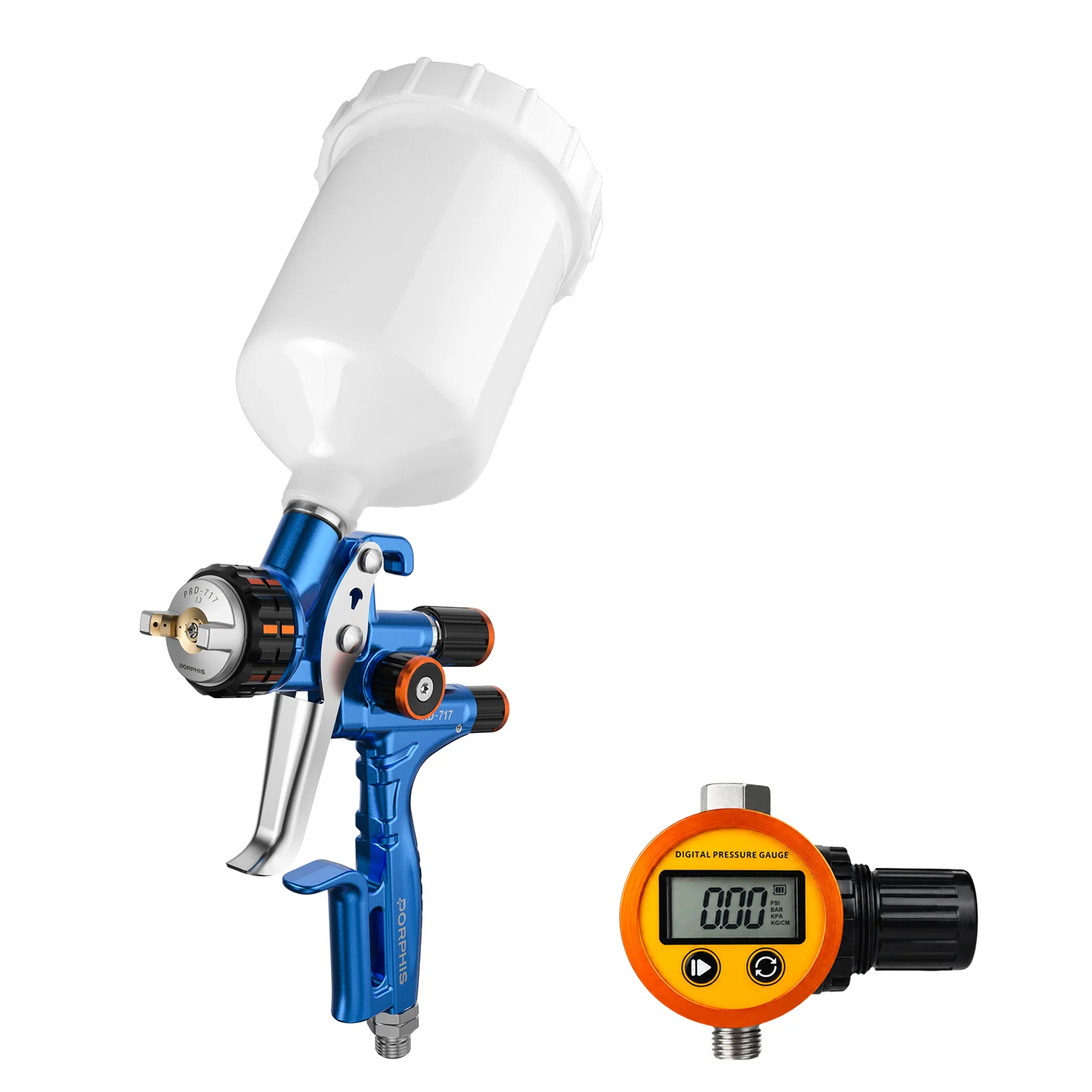 PORPHIS PRD-717 VS Spray Gun with Digital Diaphragm Air Regulator Paint Gun for Clear Coat Refinish Stable Pressure Body Shop