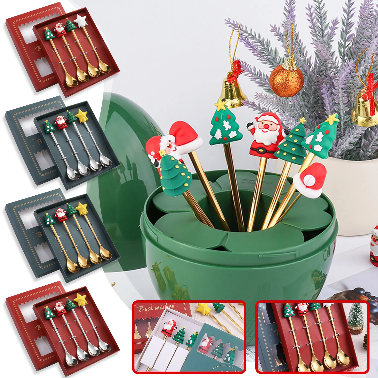 2024 4pcs Christmas Coffee Spoons Forks Set Stainless Steel Spoon Forks Christmas Gifts Smooth And Sturdy Tableware Spoons Set