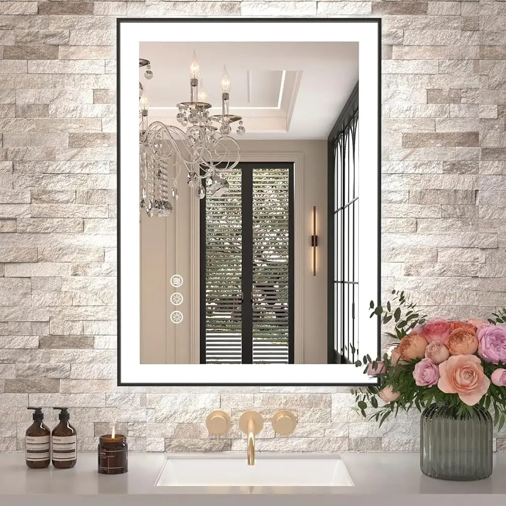 

Зеркало для ванной комнаты со светодиодной подсветкой 20 x 28 дюймов, черной рамой, передним светом и подсветкой (совершенно управляемый), ступенчатая регулировка яркости, противотуманное,