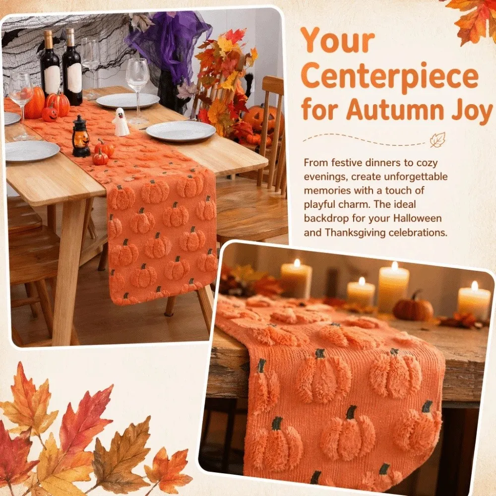 Comfortable Halloween Table Runner Soft Texture Rectangular Pumpkin Table Cover Long Creative 3D Tufting Dining Tablecloth