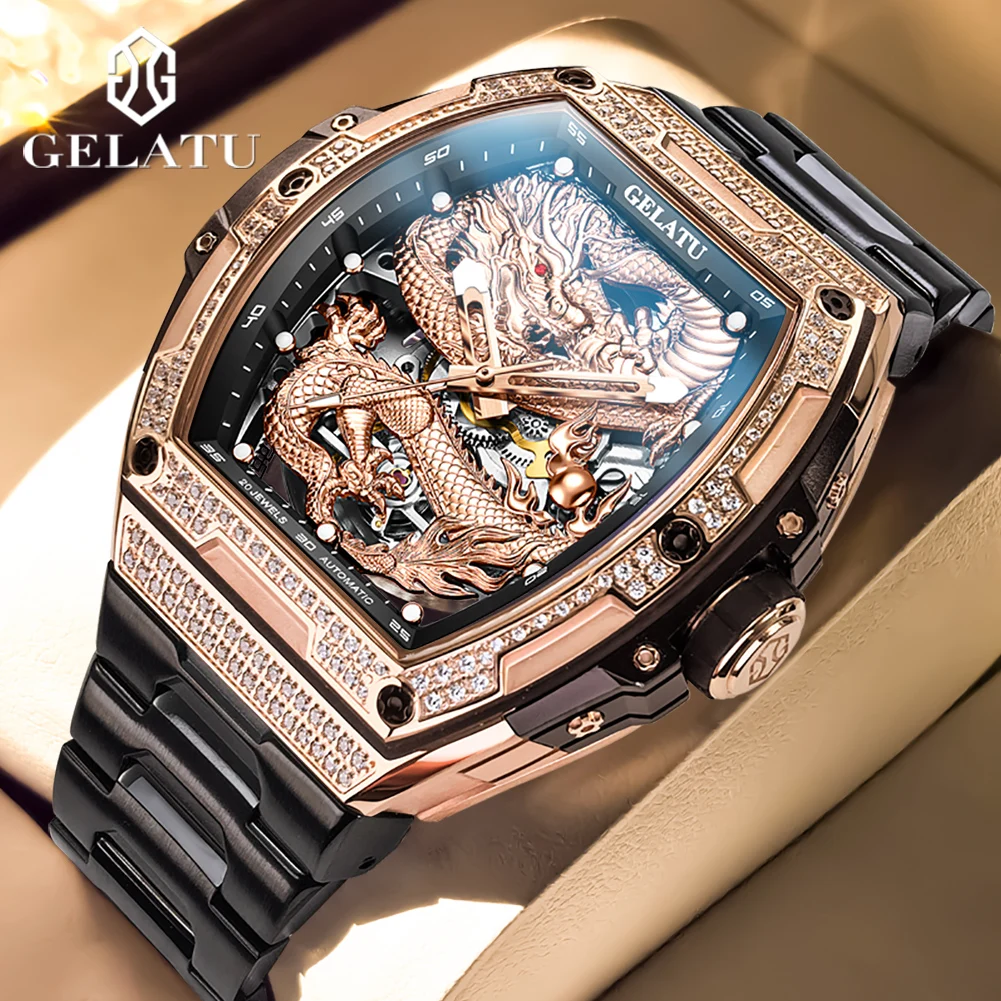 

GELATU 6021 Automatic Mechanical Watch for Men Full Diamond Dragon Skeleton High end Wristwatches