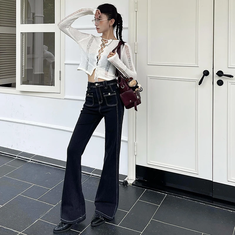 

Women's Black Gray Denim Flare Pants Design Sense Stretch Pocket Contrast Stitch Floor Length Pants
