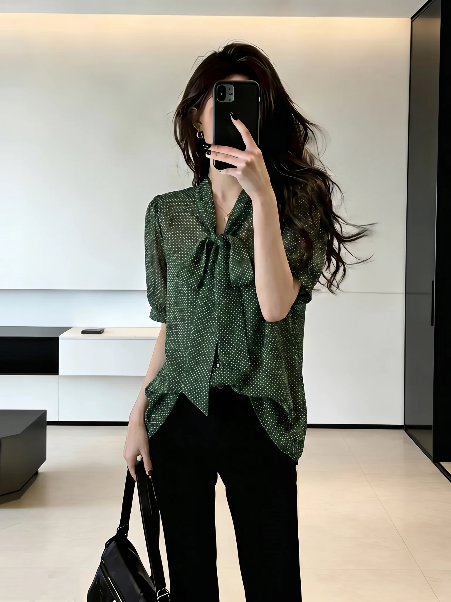 

Green Polka Dot Women's Short Sleeve Chiffon Shirt Summer New Style Big Size Fat MM Fashionable Youthful Top Commute Style