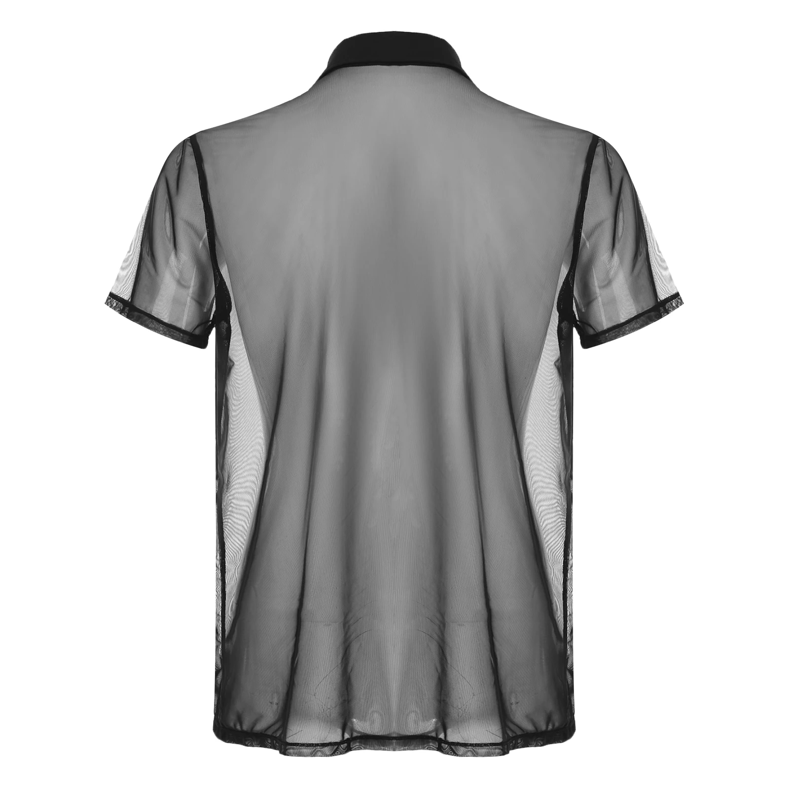 Mens Shirt Tops See Through Mesh Short Sleeve Shirt Rave Clothing Turn-Down Collar Button Sheer Tops Festival Party Clubwear