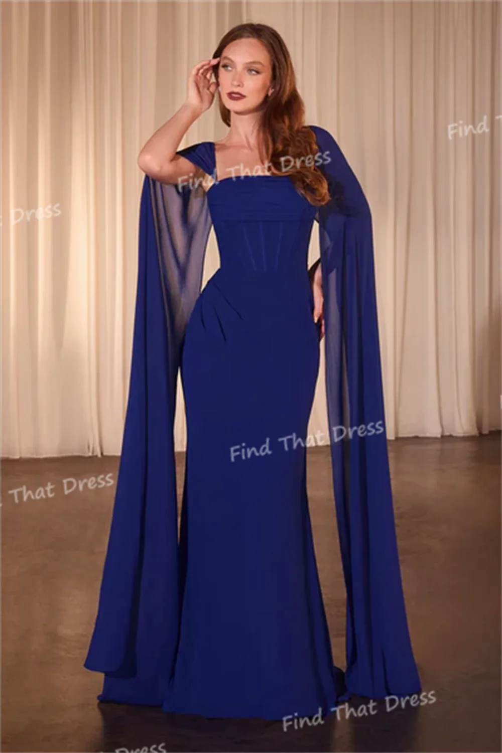 

Custom Made Simple Square Collar Pleated Chiffon Flowing Evening Gown Sheath Sexy Lace up Back Maxi Court Prom Dress with Cape
