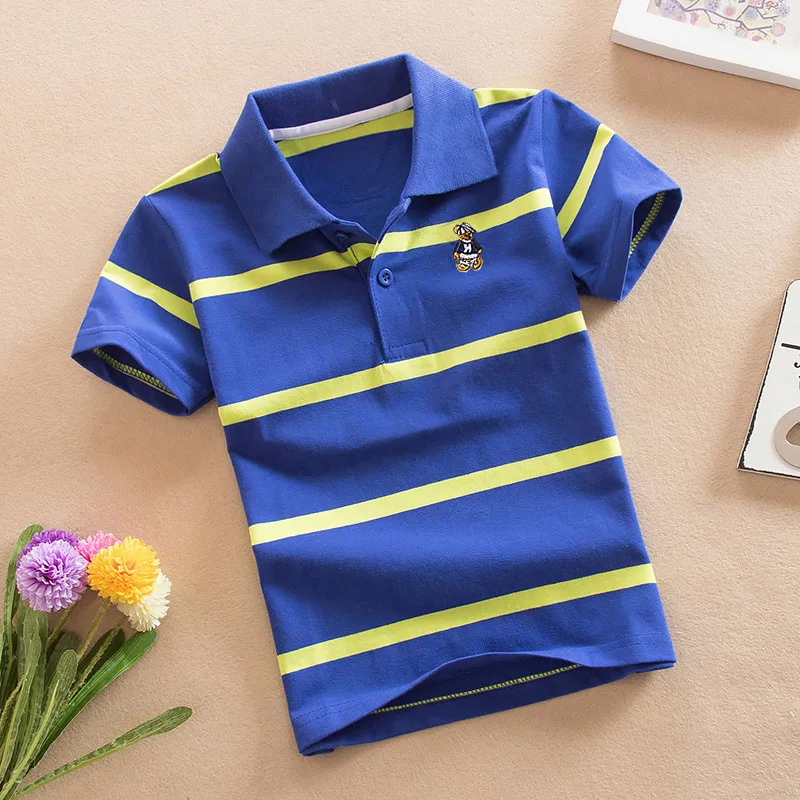 Summer Cute Boys Cartton Embroidery POLO Shirts Cotton Quality Breathable Fabric Kids Tops Tees Children\'s Stripe T Shirt 2-14T