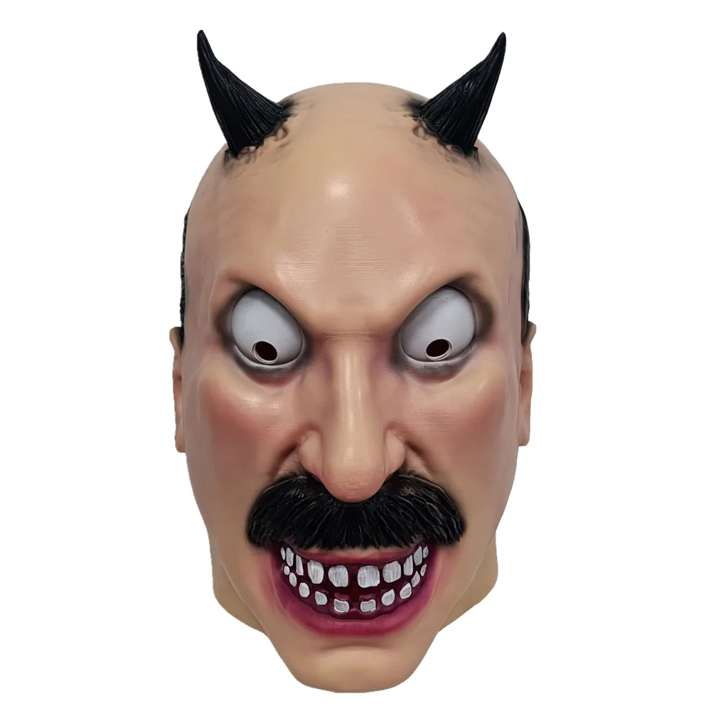 Lustige Gruselige Dämonen-Maske aus Latex mit Hörnern, Schnurrbart und Hervortretenden Augen für Erwachsene, Halloween-Cosplay, Maskerade-Party-Requisiten – Detail 5