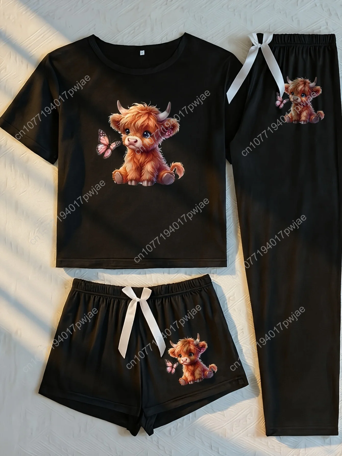 

Cartoon Highland Cow Print Short Sleeve Pajama Set for Women - 3pcs