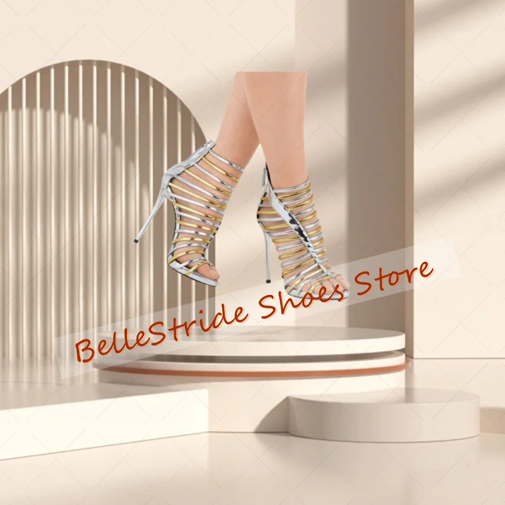 Gold Silver Hollow Out Back Zipper Sandals Patent leather Women Shoes Thin High Heels Party Banquet Dating 2025 Zapatos Para Mu