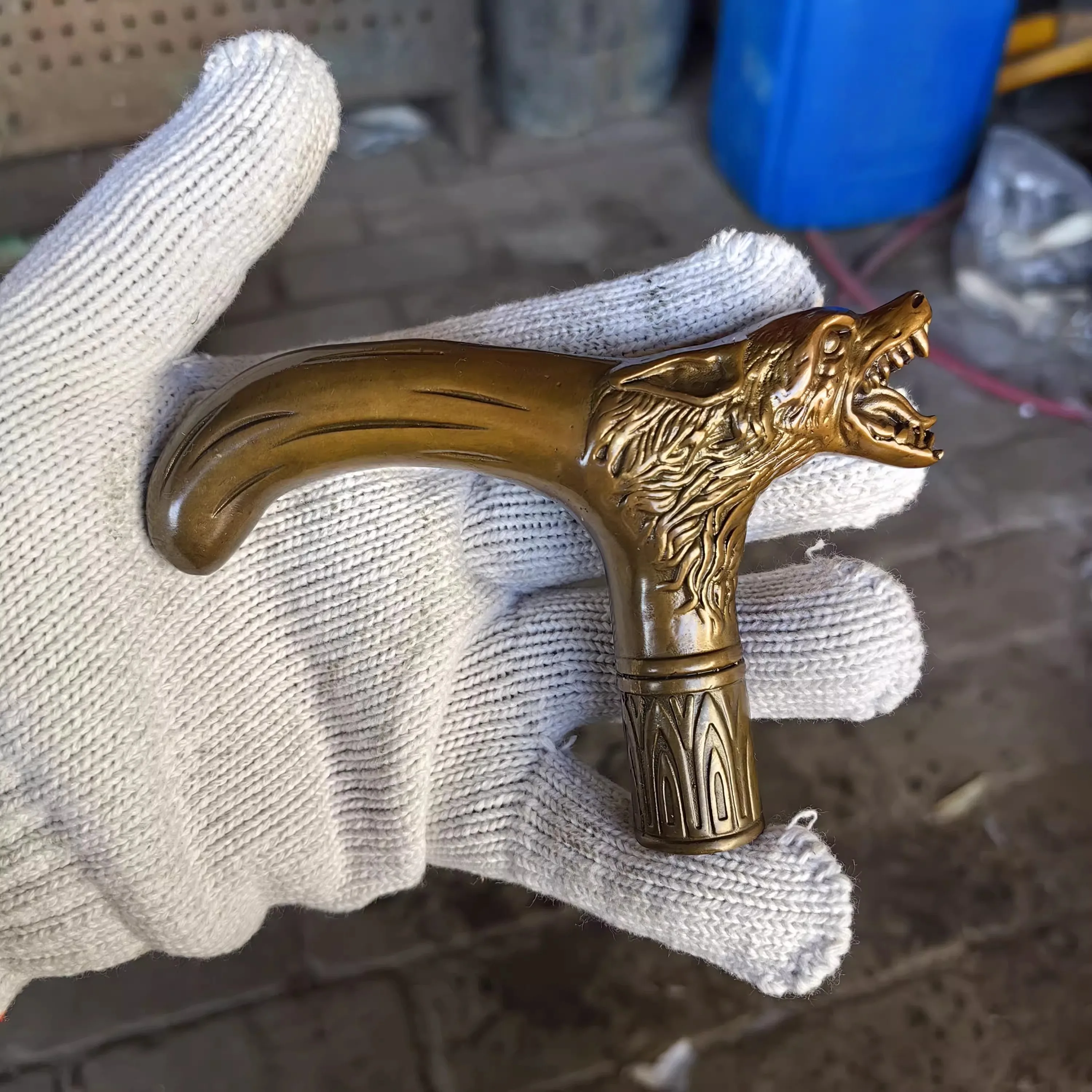 Chinese Old Bronze Hand Carved Wolf Statues Antique Cane Walking Stick Head