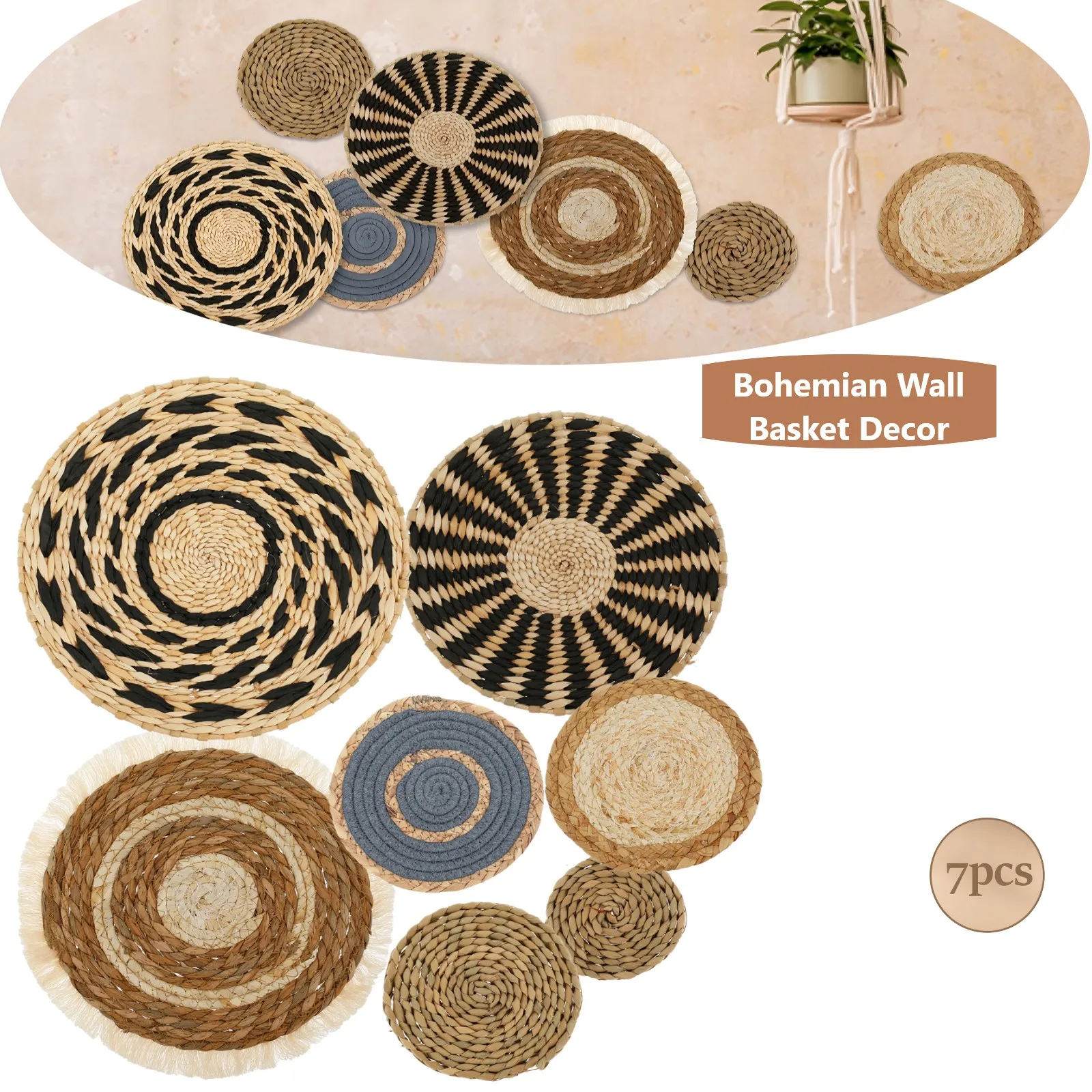 7Pcs Round Bohemian Woven Wall Basket Decor Handmade Woven Wall Decor for Home Living Room Hanging Bohemian Wall Decor for Party