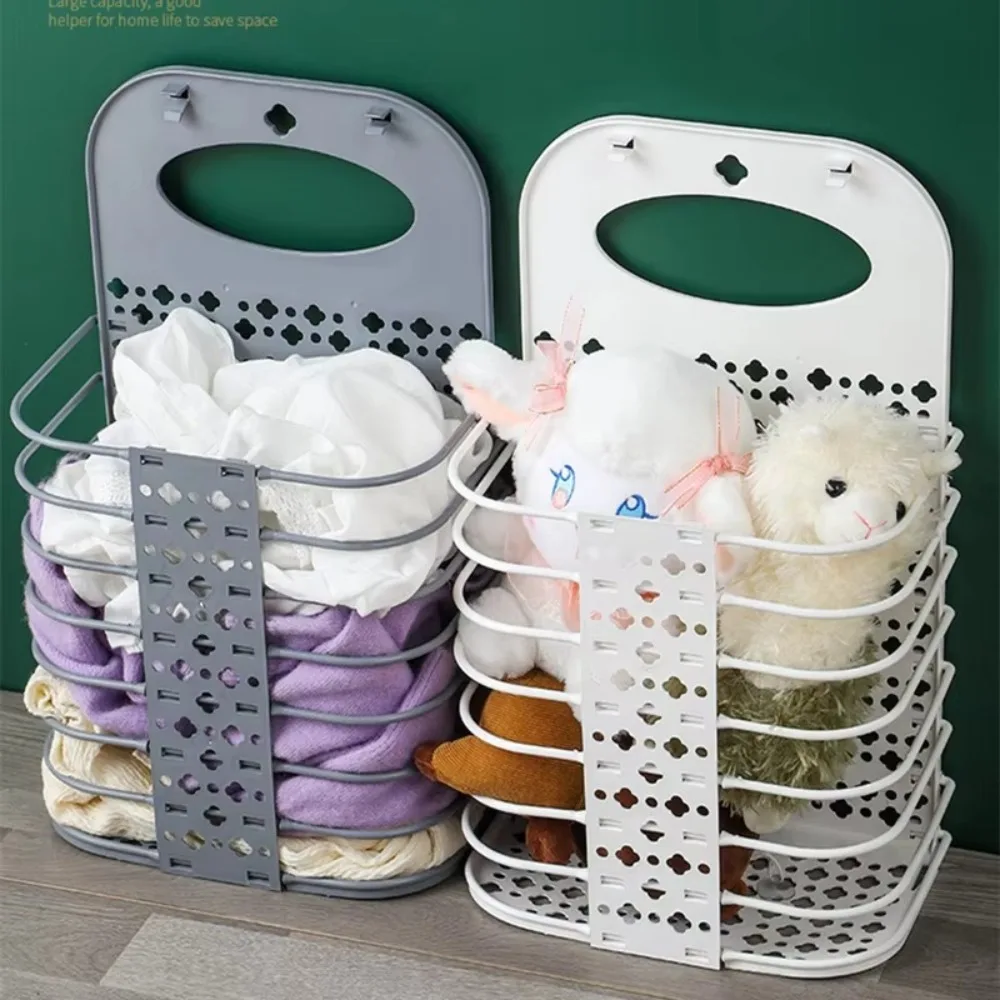 

Plastic Dirty Clothes Basket Wall Mounted Foldable Laundry Basket Multifunctional with Hook Bathroom Storage Frame