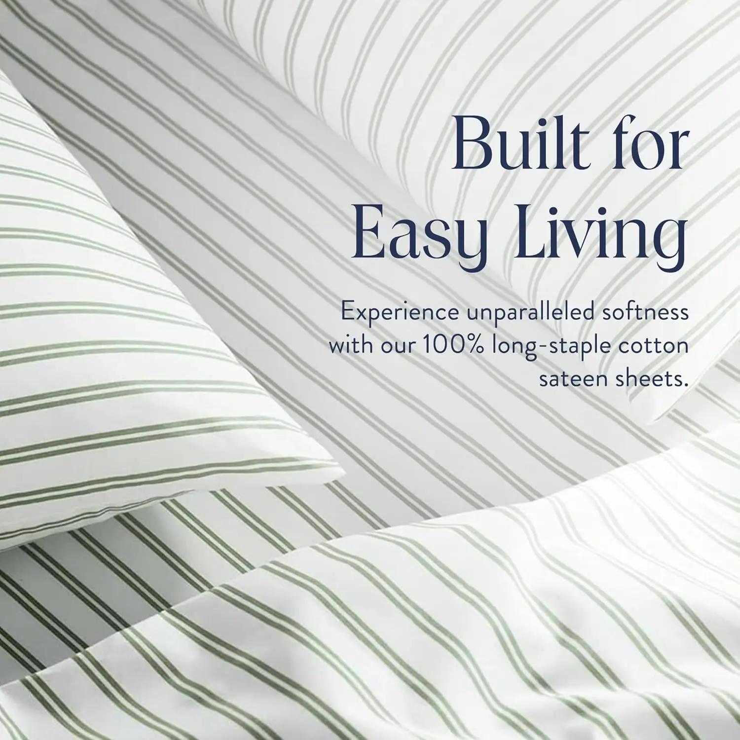 Queen 4-Piece 100% Cotton Sateen Sheet Set - Green Tandem Stripe, Oeko-TEX Certified Luxury Bedding, Includes 1 Fitted Sheet