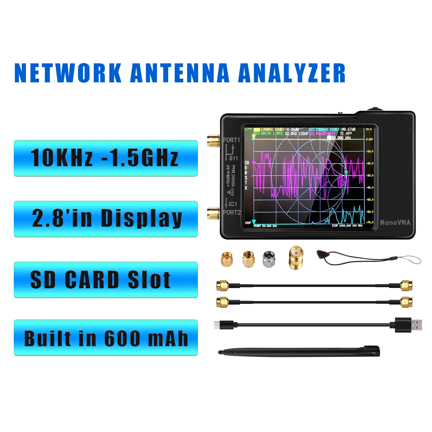 

Network Antenna Analyzer, NanoVNA-H Vector10KHz-1.5G HzMF HF VHF UHF with Shell Voltage Standing Wave Ratio, Phase, Delay,Smith